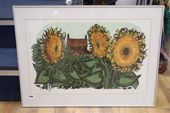 Robert Taverner, litho / screenprint, Sunflowers and Cottages, signed and numbered 11/70, 44 x 68cm